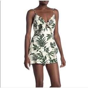 LUSH Green Tropical Leaf Linen Romper with Faux Wrap Skirt Twist Front Sz Small